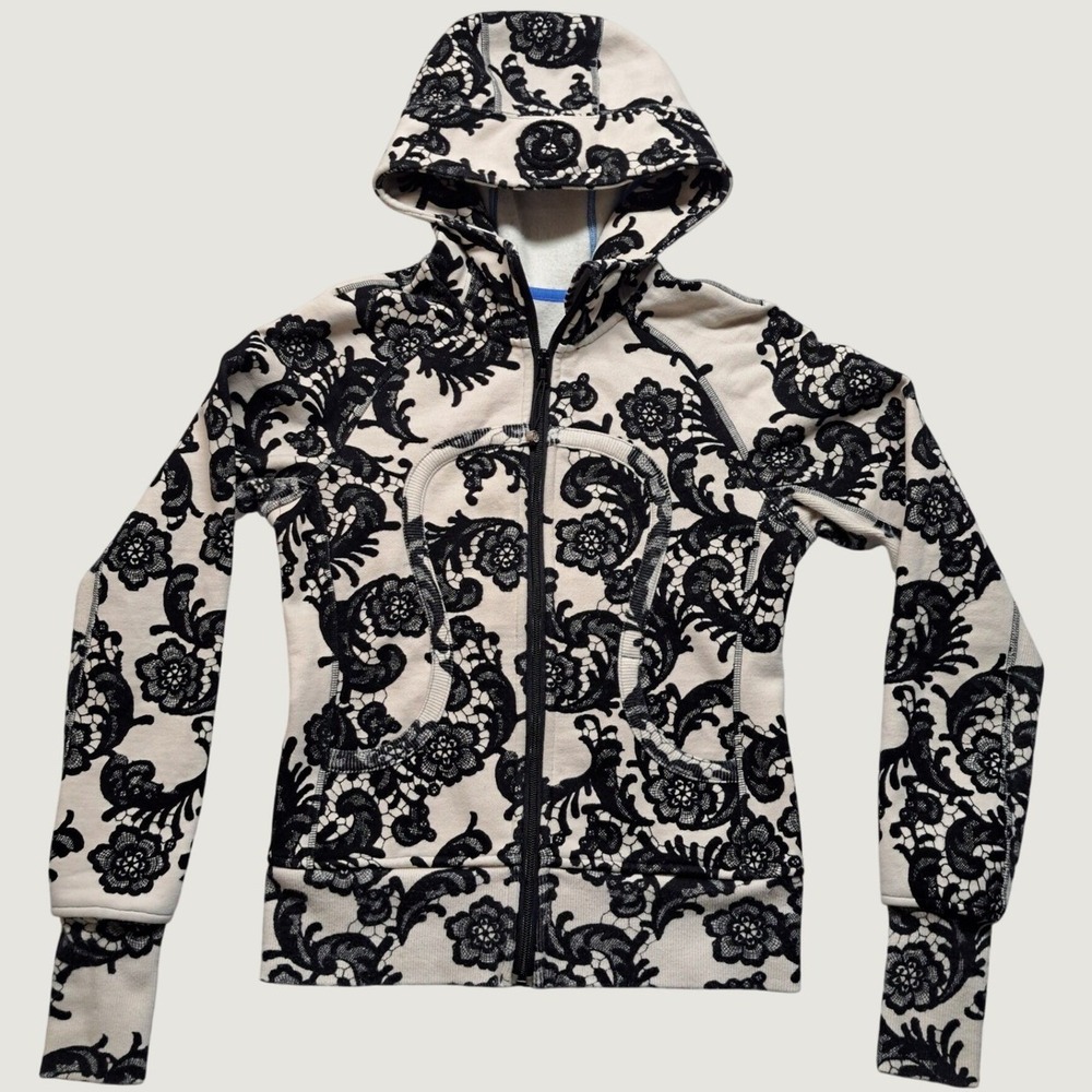 Lululemon Scuba Hoodie Full Zip Women 4 White Black Lace Print Excellent Floral